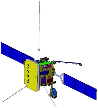 Solar Orbiter concept sketch (© Astrium). The yellow square is the heat shield necessary to fend off the solar heat. Two of the RPW antennas can be seen pointing down while the third points up from the spacecraft body.